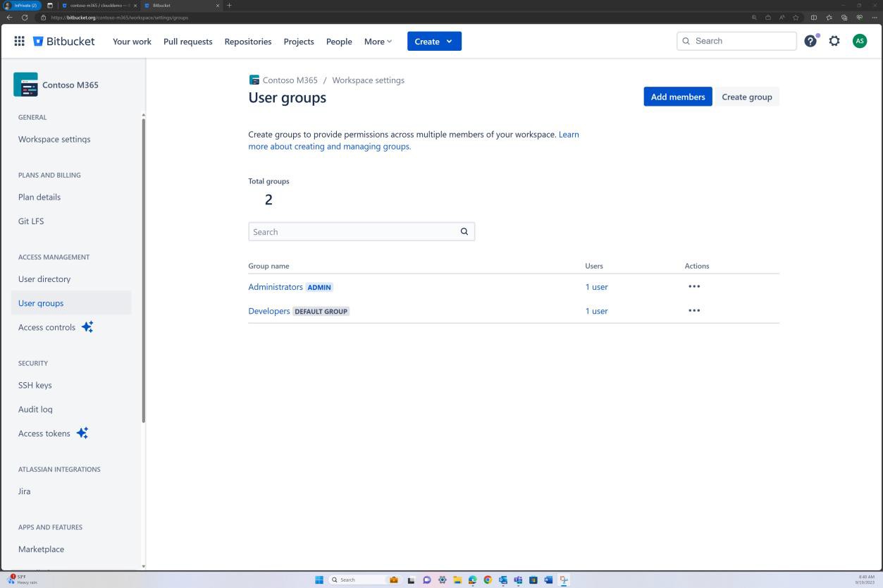 Bitbucket user groups workplace settings for Contoso M365 showing Admins and users.