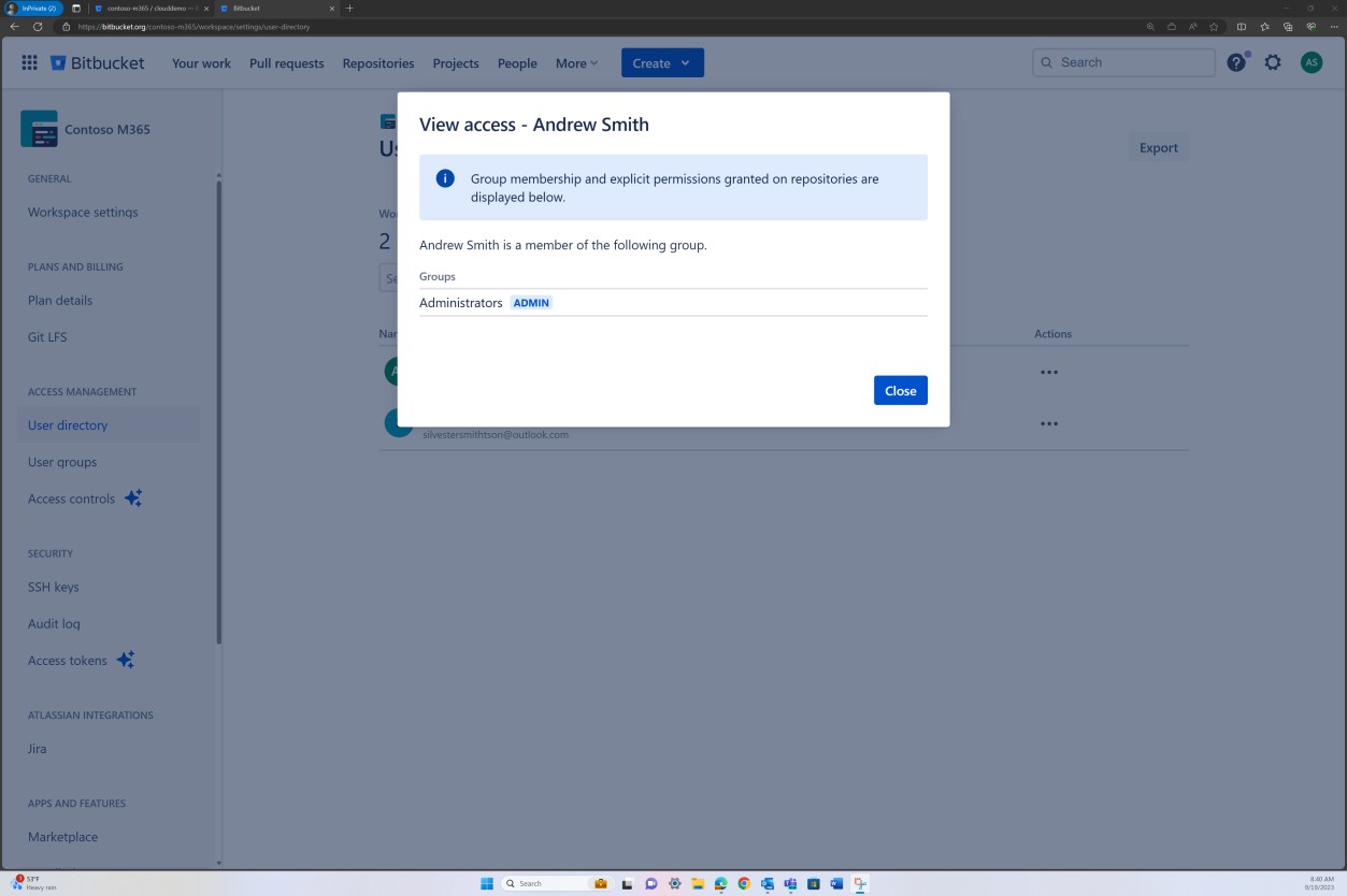 Bitbucket user directory view access for Andrew Smith.