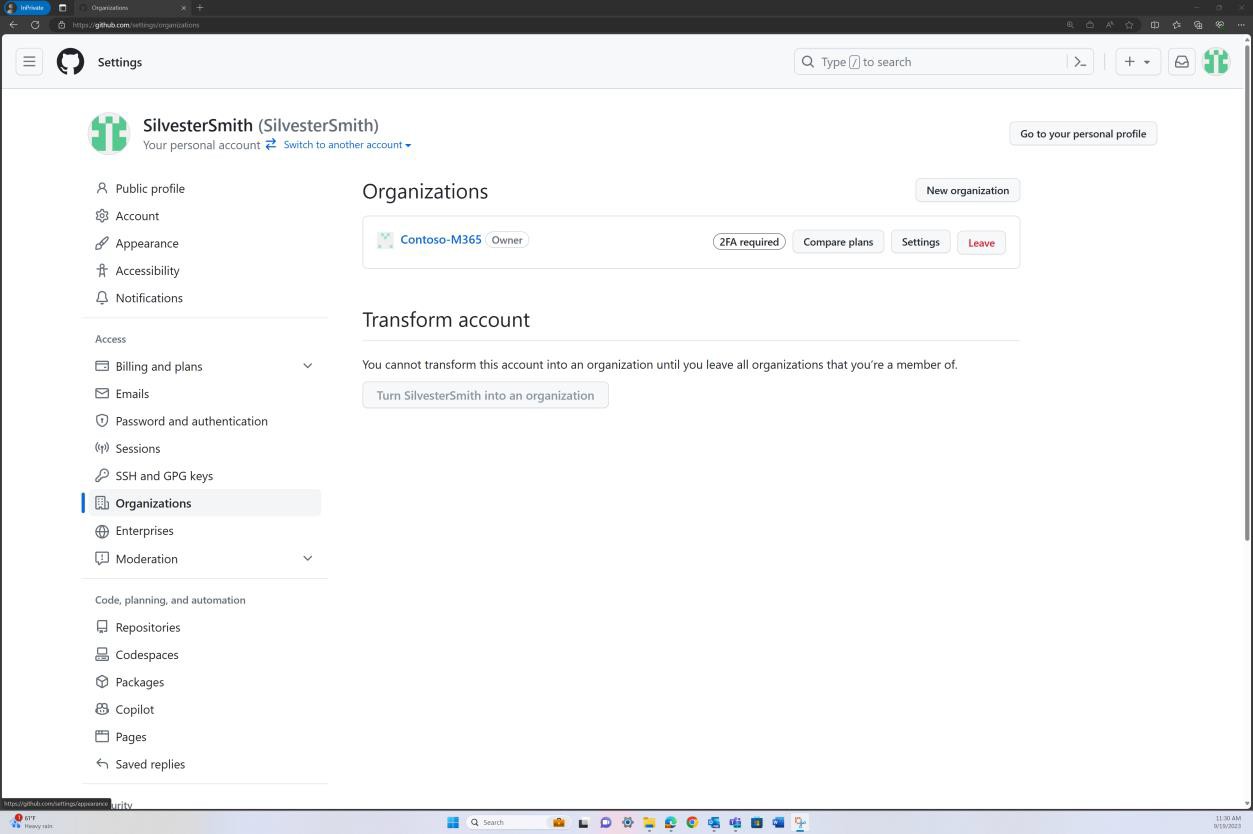 GitHub organizations page for user SilvesterSmith belonging to Contoso-M365 org.