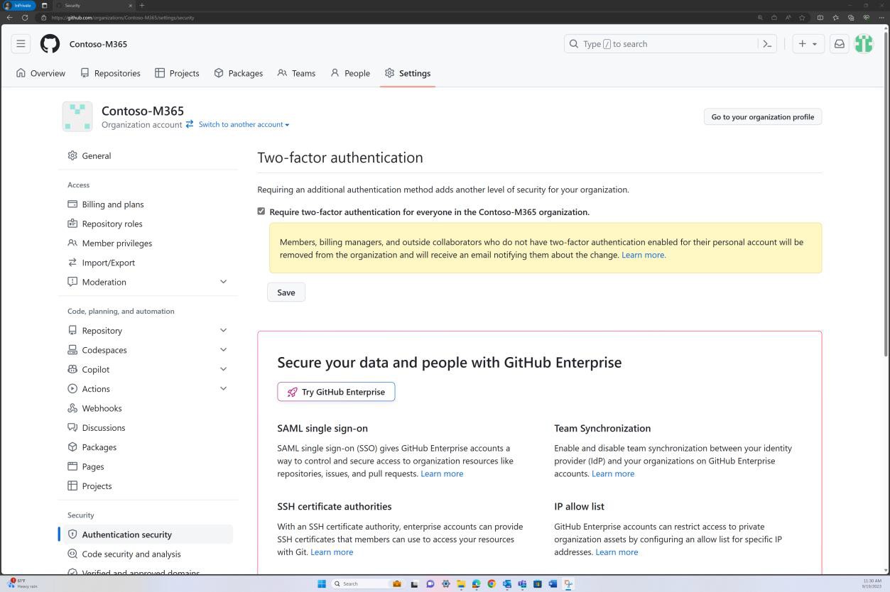 GitHub organization authentication security settings requiring two factor authentication.