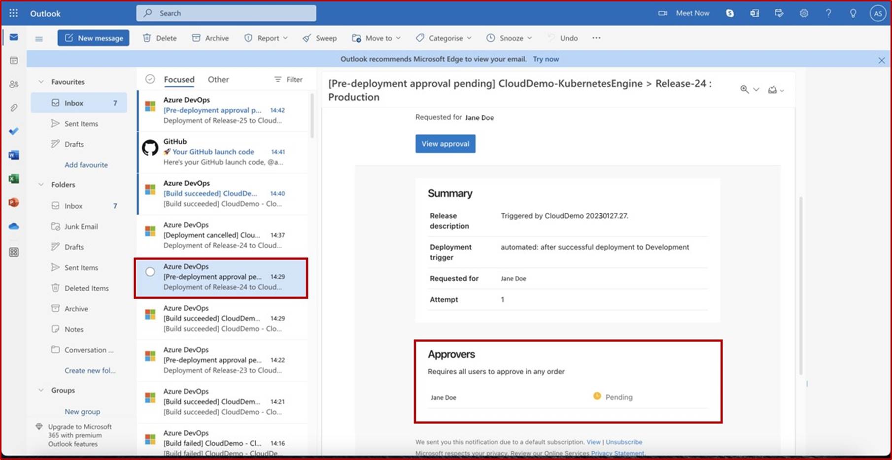 Email alert in Outlook showing pre deployment approval pending.