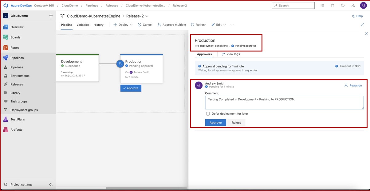 Azure DevOps pipelines, Andrew Smith approvers comments testing complete pushing to production.