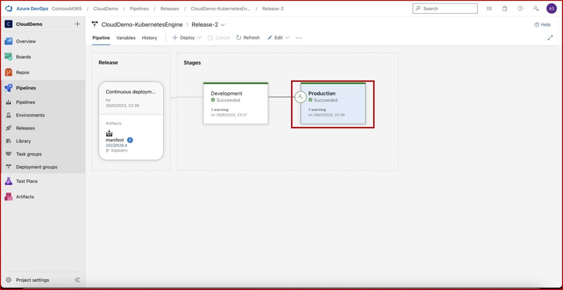 Azure DevOps pipelines with production showing as succeeded.