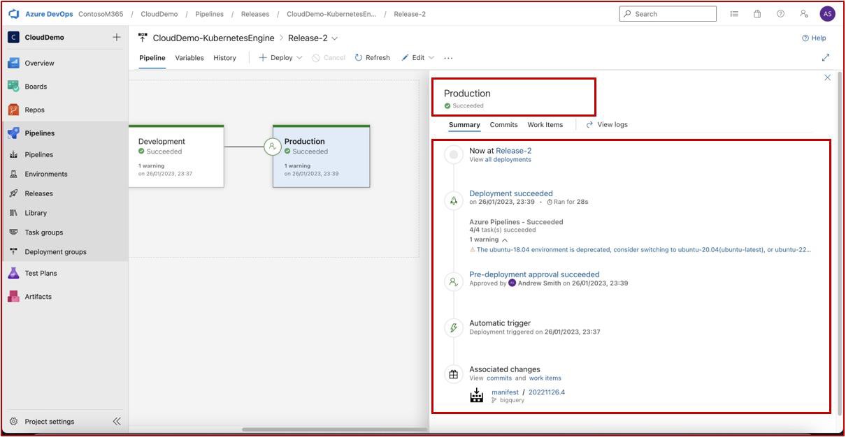 Azure DevOps pipelines with production highlighted as well as deployment summary.