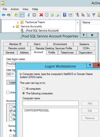 Prod SQL Service account properties panel with logon workstations open and CONTOSOPRODSQL selected.