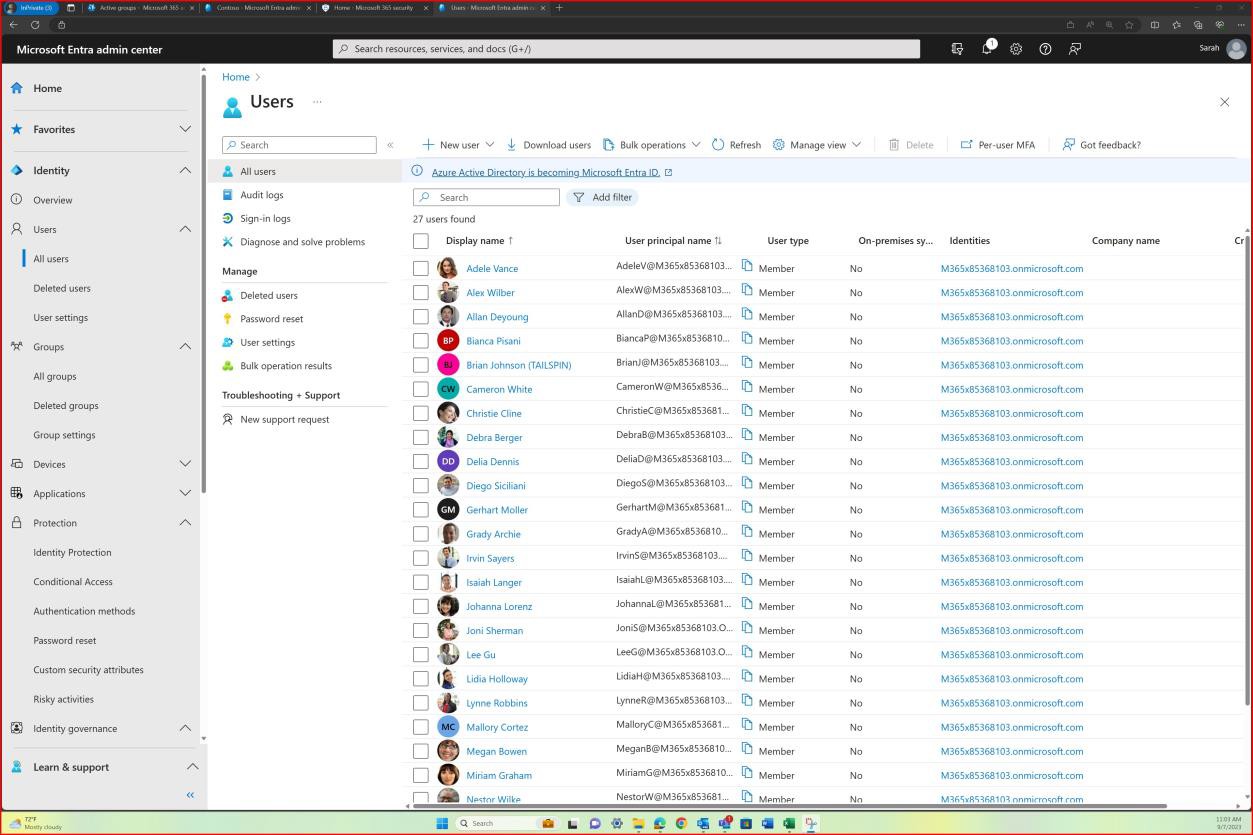 Microsoft Entra admin center all users list with 27 users found.