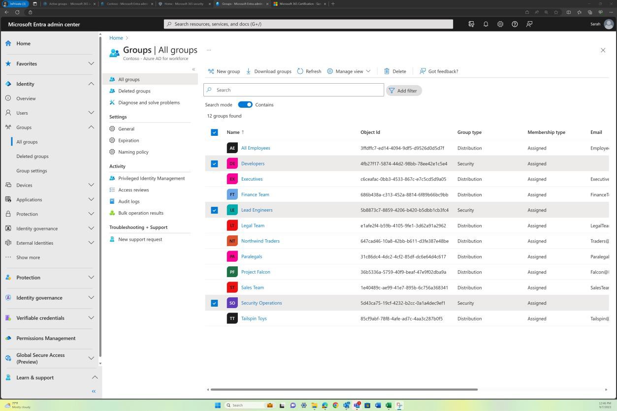 Microsoft Entra admin center groups, all groups showing 12 groups and 3 selected.