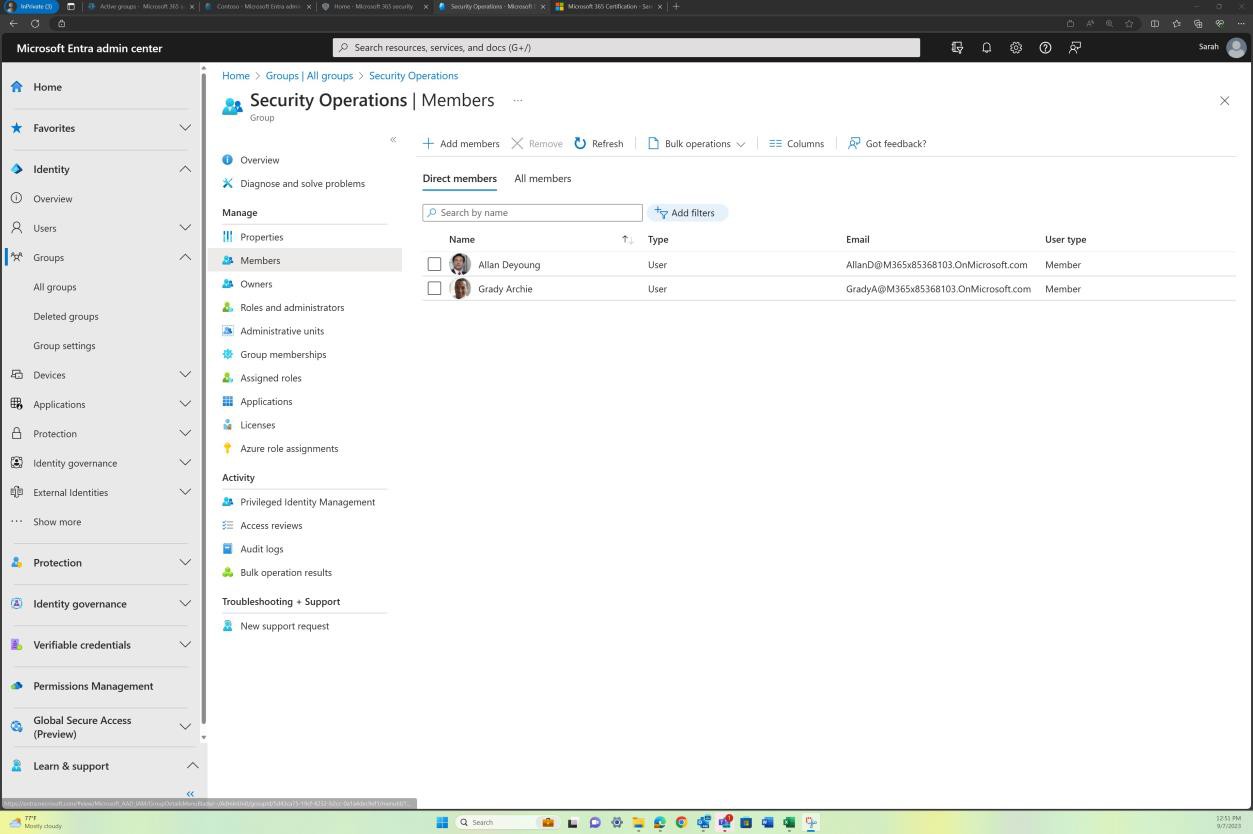 Microsoft Entra admin center security operations members page with two members listed.