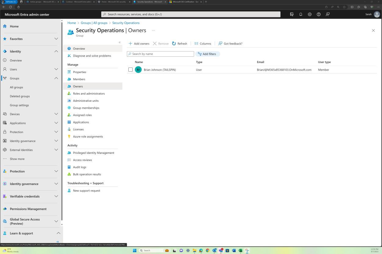 Microsoft Entra security operation owners page.