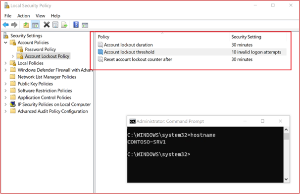 Local Security lockout policy and security settings with admin command prompt.