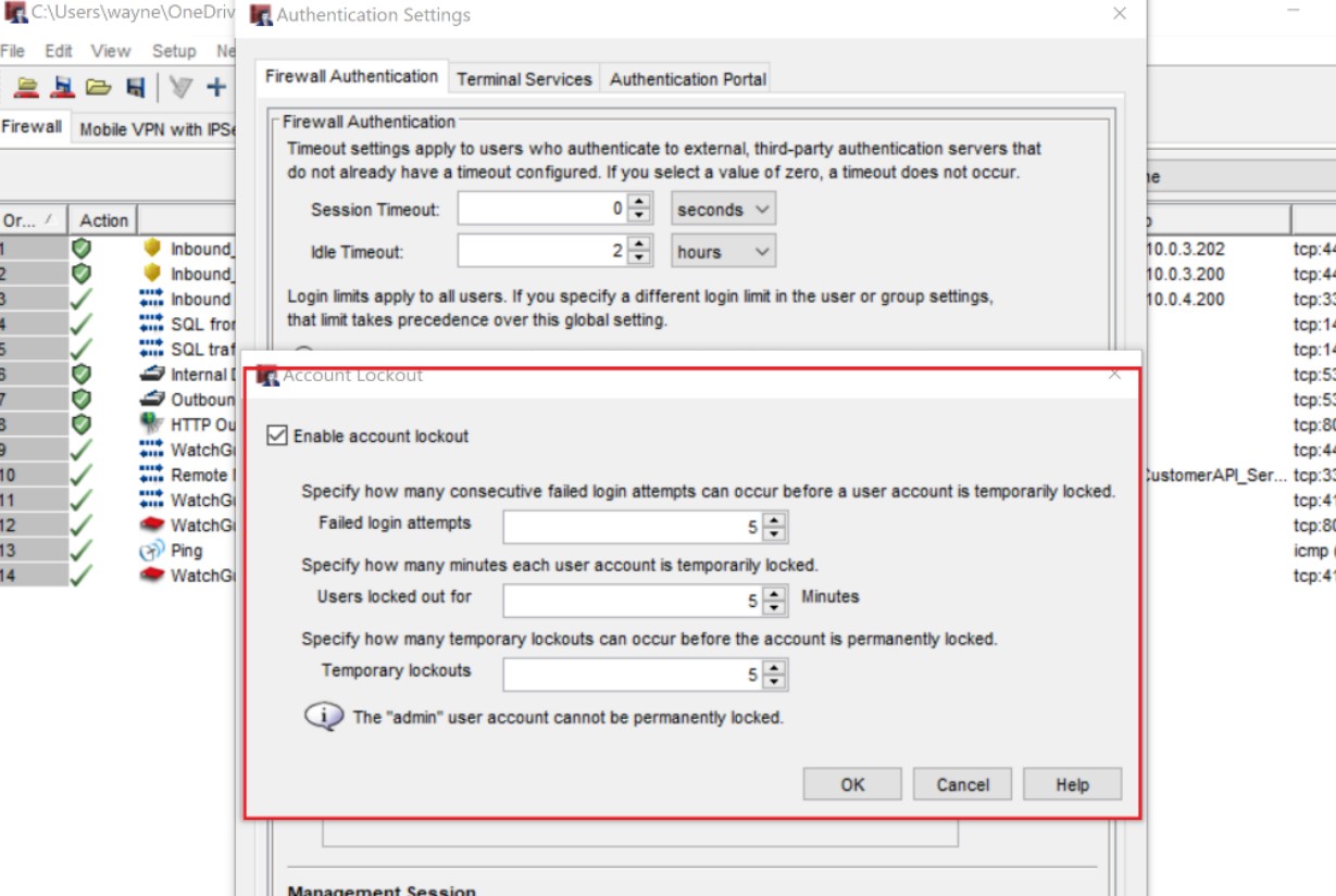 Authentication settings, Account lockout with enable account lockout checked.