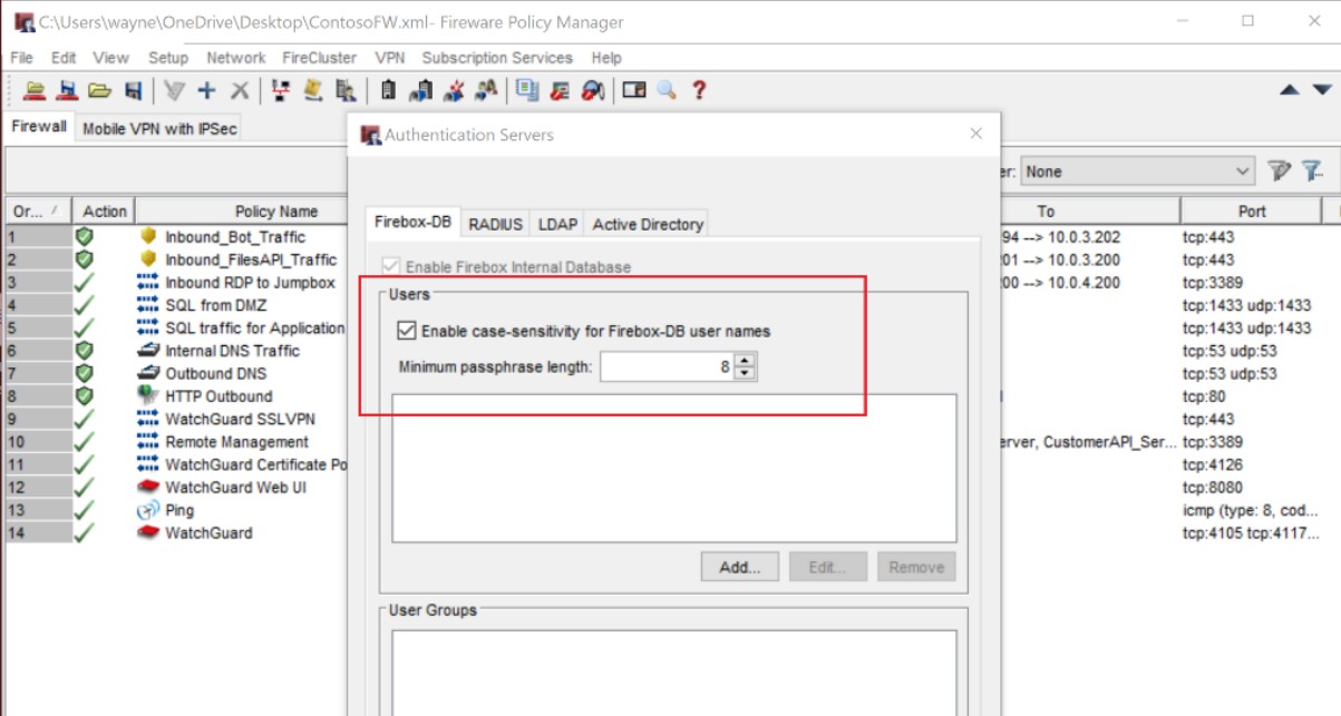 Microsoft local Fireware Policy Manager, authentication servers with users and enable case-sensitivity box highlighted and checked.