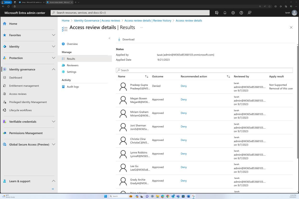 Microsoft Entra admin center access reviews results by user.