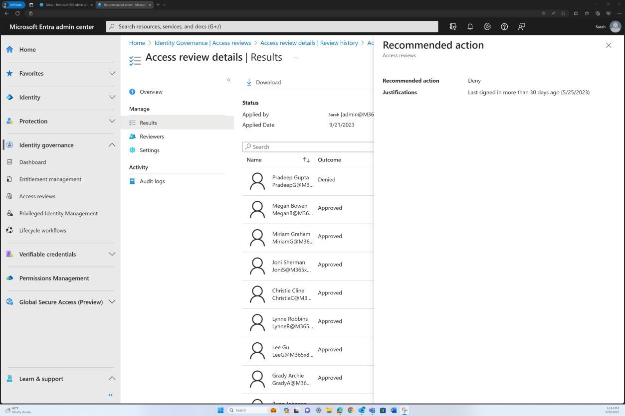 Microsoft Entra admin center access reviews recommended action pop up.