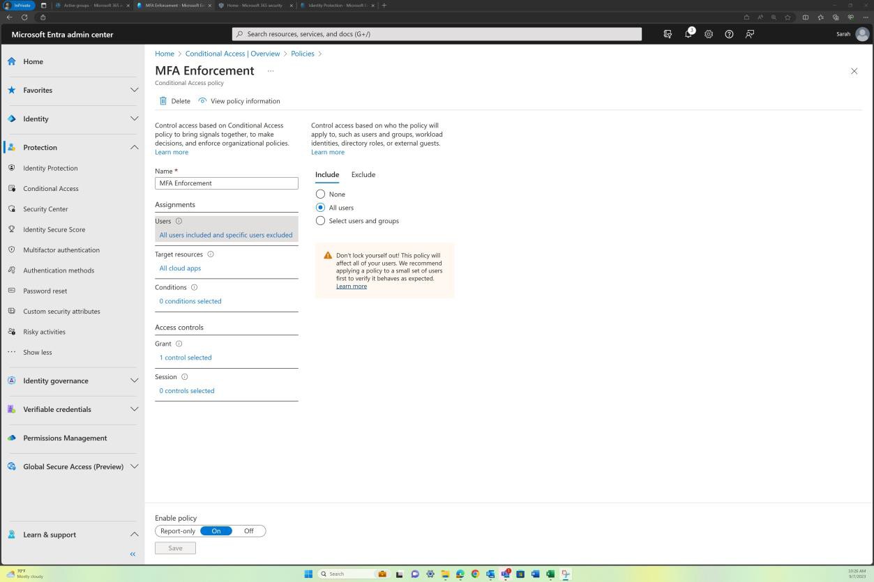Microsoft Entra admin center MFA enforcement users settings.
