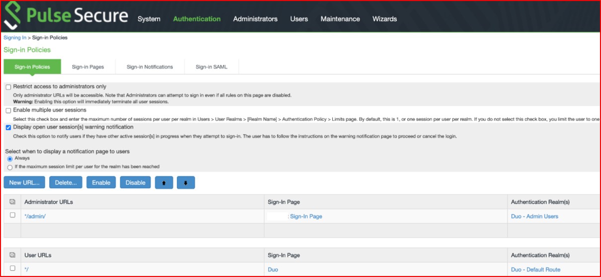 PulseSecure sign in policies and admin URL.