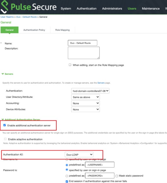PulseSecure sign in policies settings with enable additional authentication server and authentication #2 Duo-LDAP highlighted.