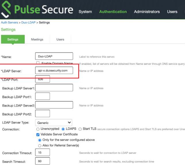 PulseSecure sign in policies settings page with LDAP Server address highlighted.