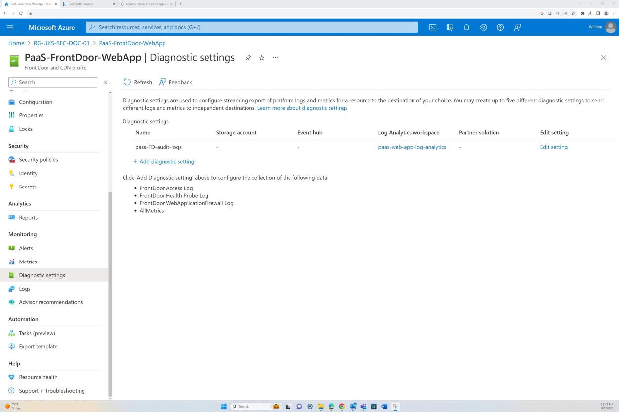 Microsoft Azure app diagnostic settings overview dashboard for PaaS-FrontDoor-WebApp.