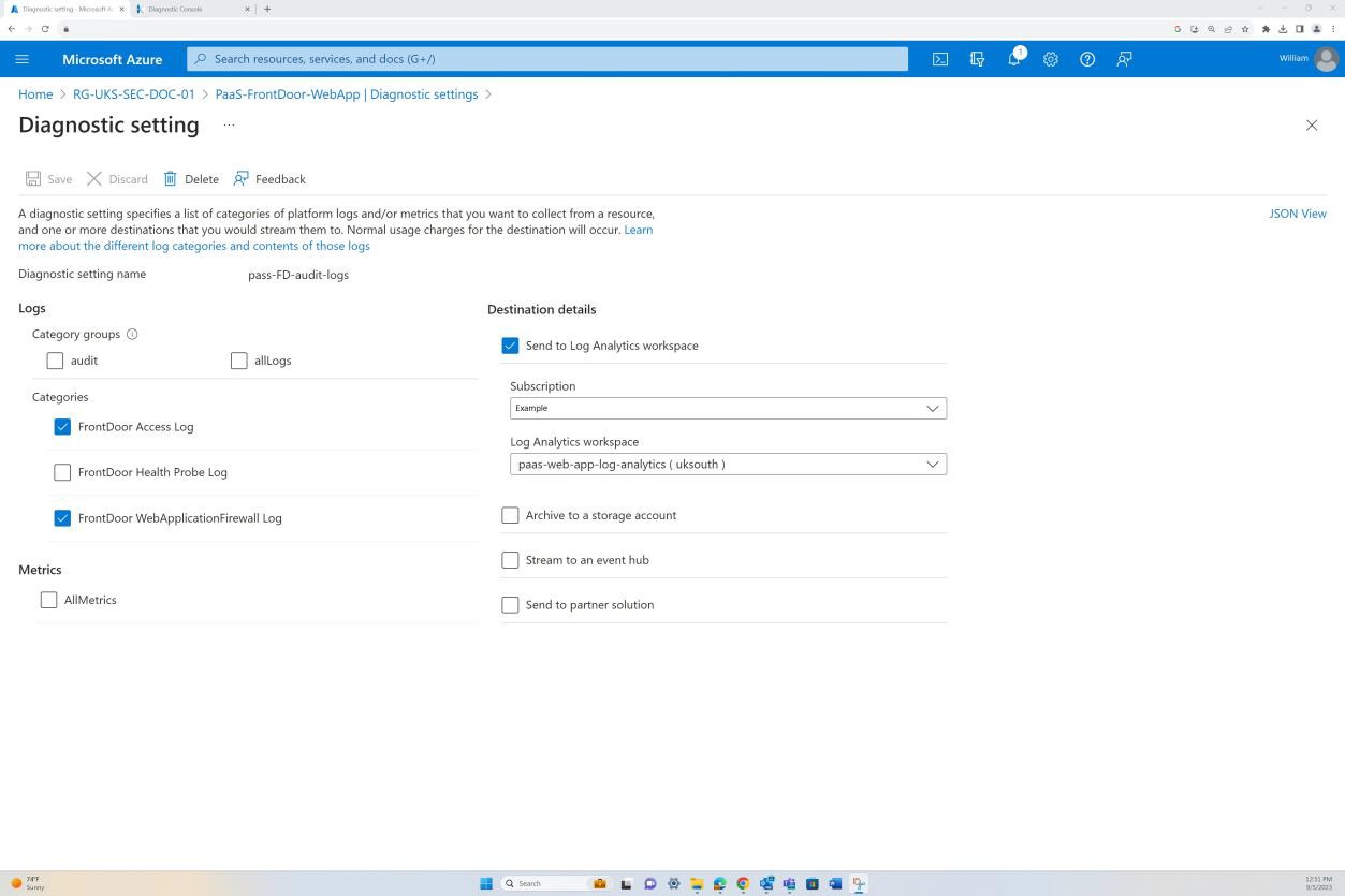 Microsoft Azure app diagnostic settings with logs and metrics options.