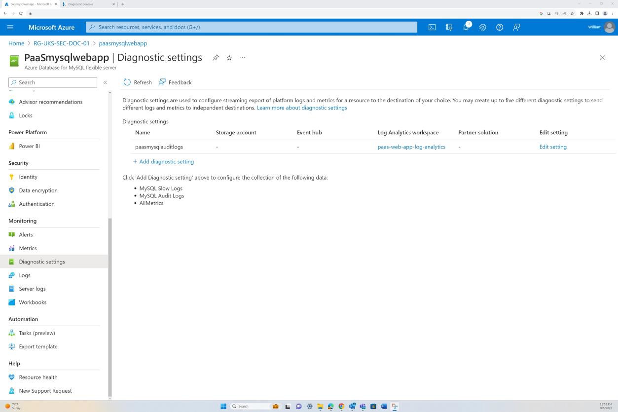 Microsoft Azure add new diagnostic settings page.