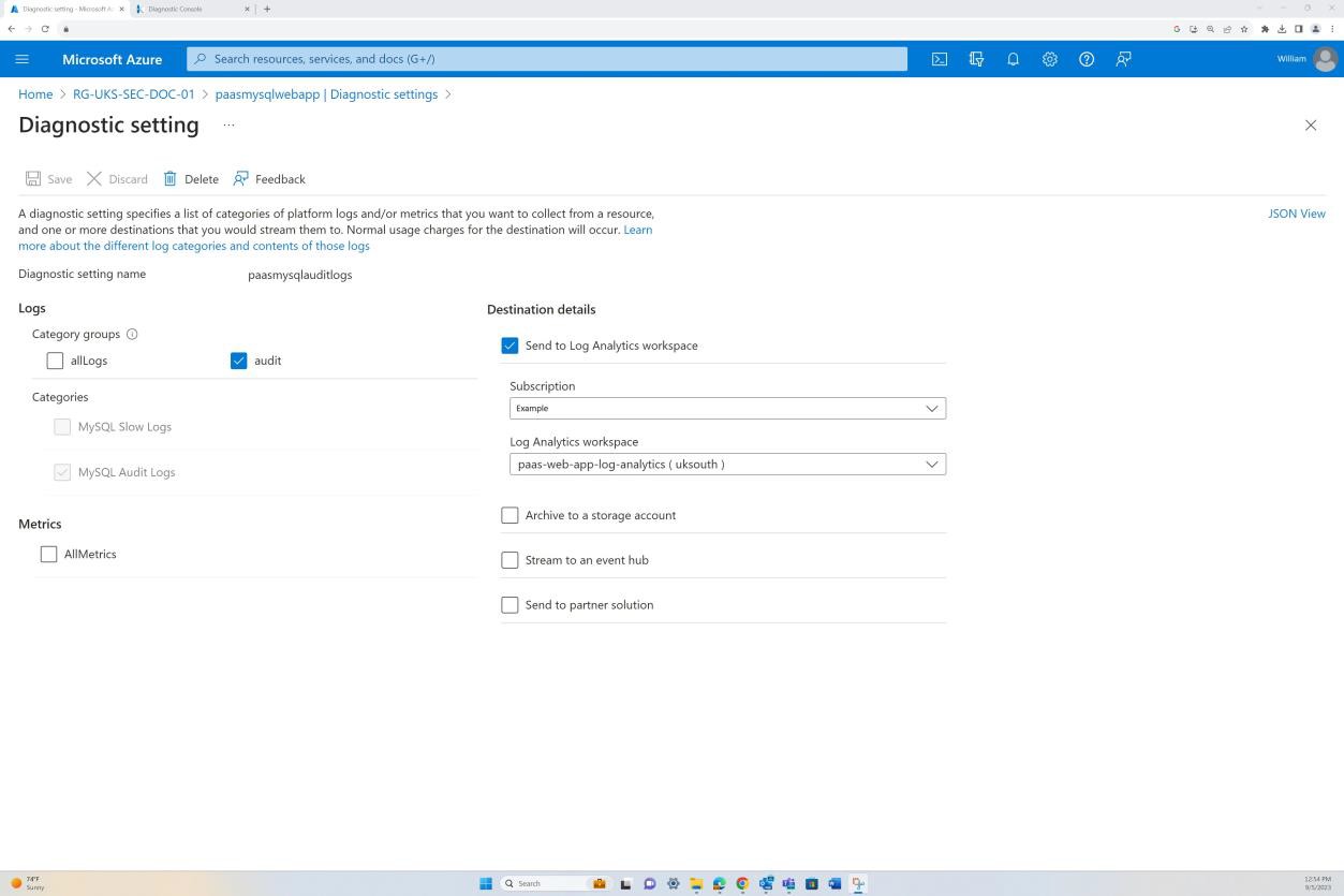 Microsoft Azure app diagnostic settings with destination details.