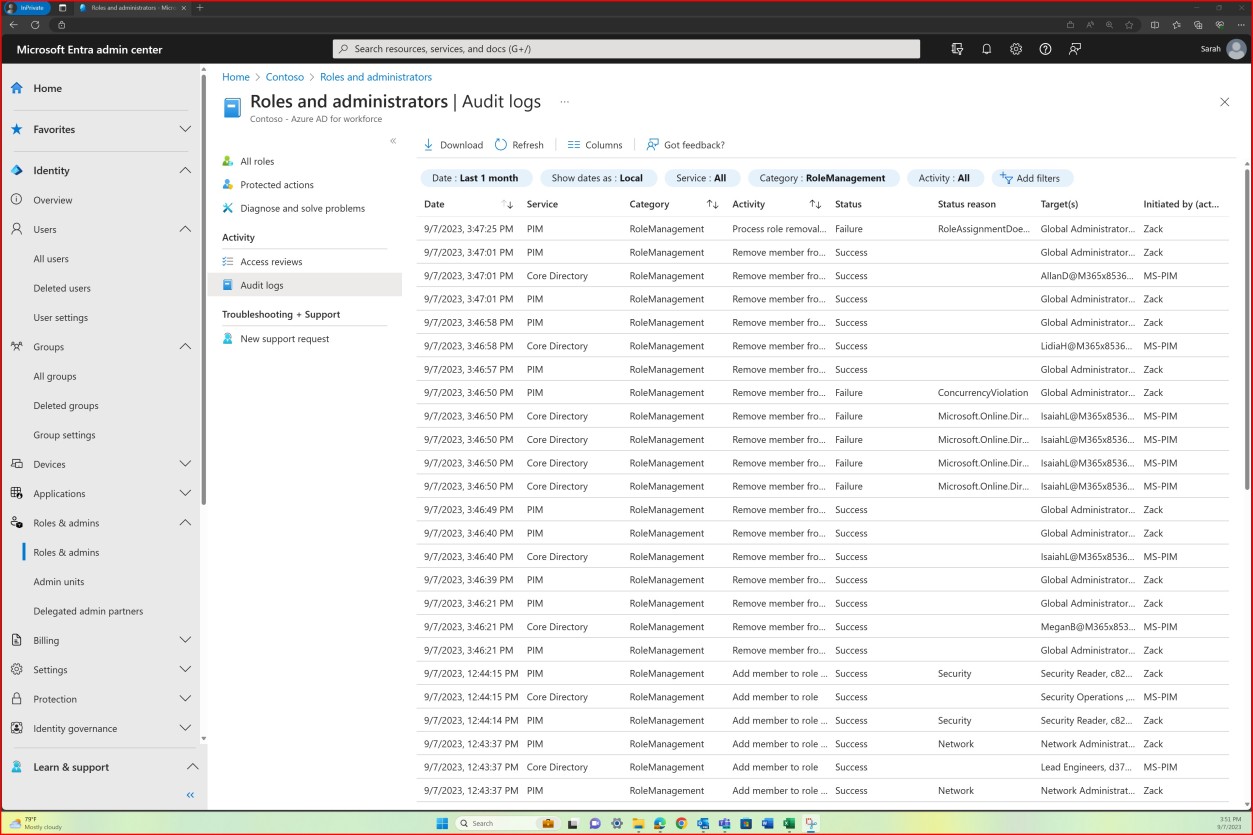 Microsoft Entra roles and admins audit logs.
