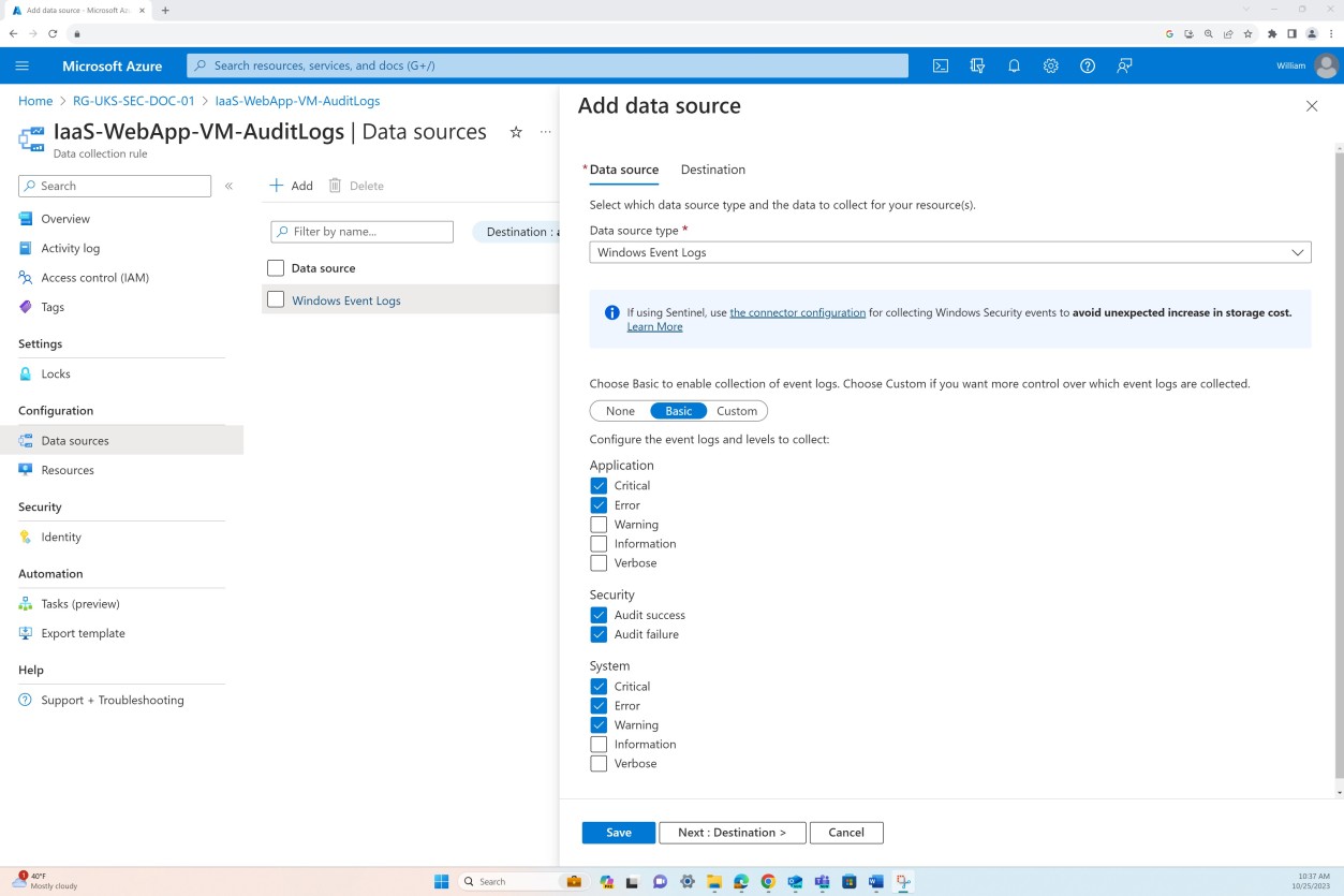 Microsoft Azure data sources add data source page.