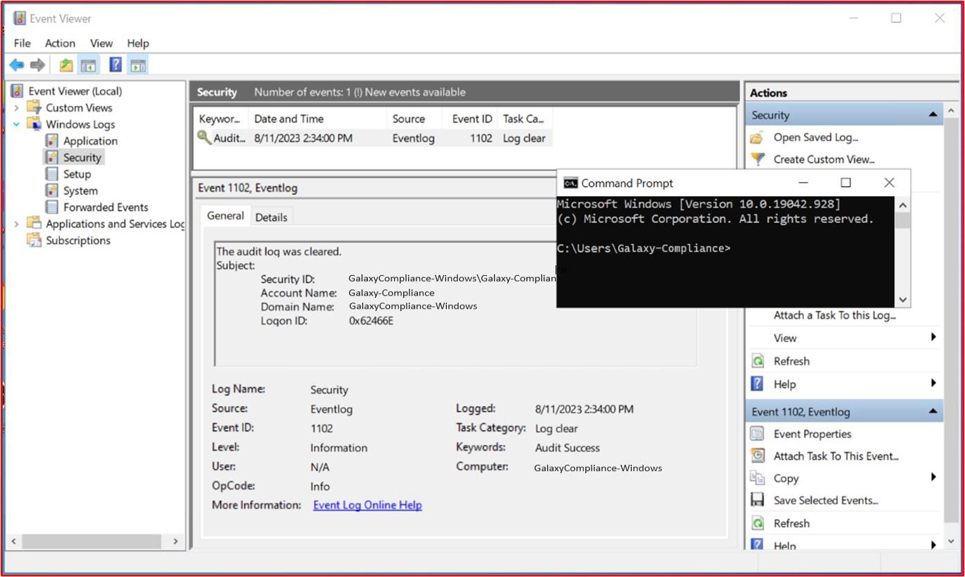 Windows local event viewer with CMD prompt in subdirectory galaxy-compliance.