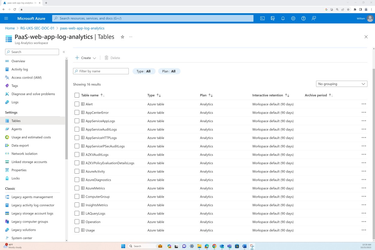 Azure Tables page with log analytics table.