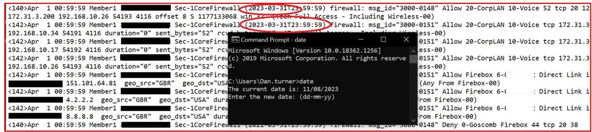 Command prompt log report with two dates circled in red.