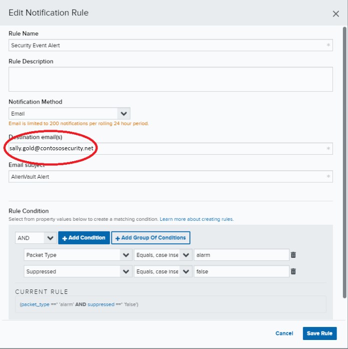 AlienVault edit notification rule settings with destination email and rule conditions.