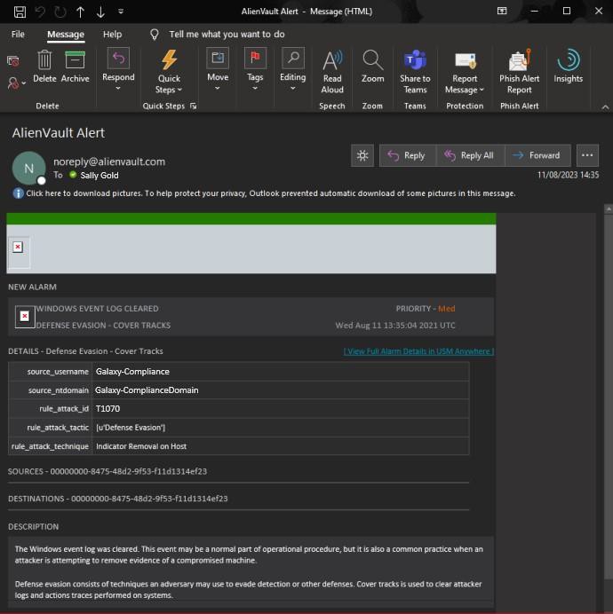 Email alert in Outlook from AlienVault with a new alarm warning and details.