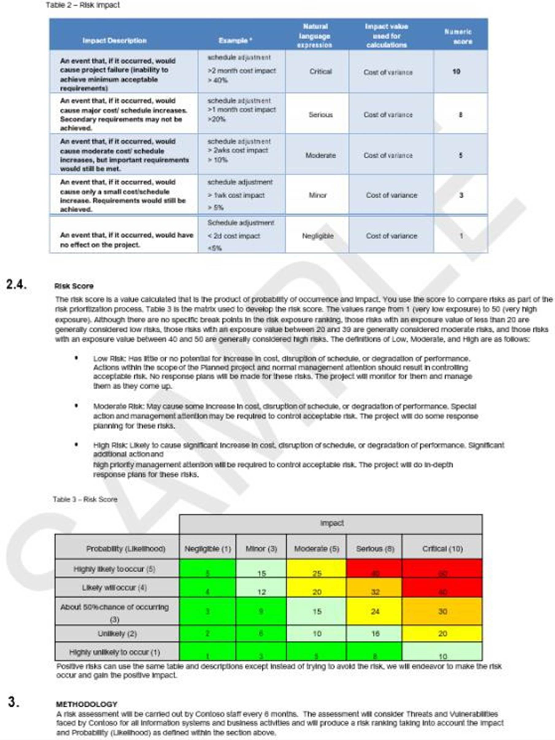 Contoso risk management with risk impact table and risk score definitions.