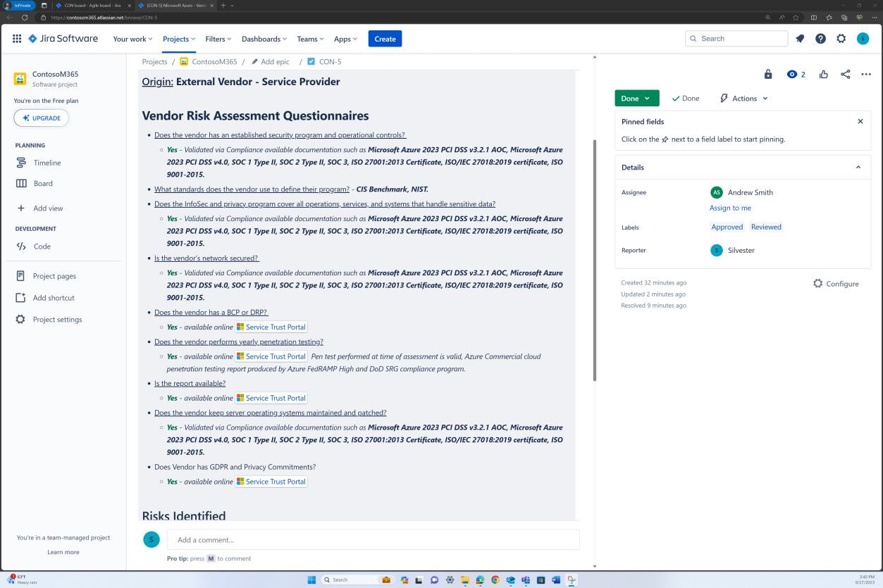 Jira vendor epic with vendor risk assessment questionaire and completed answers.