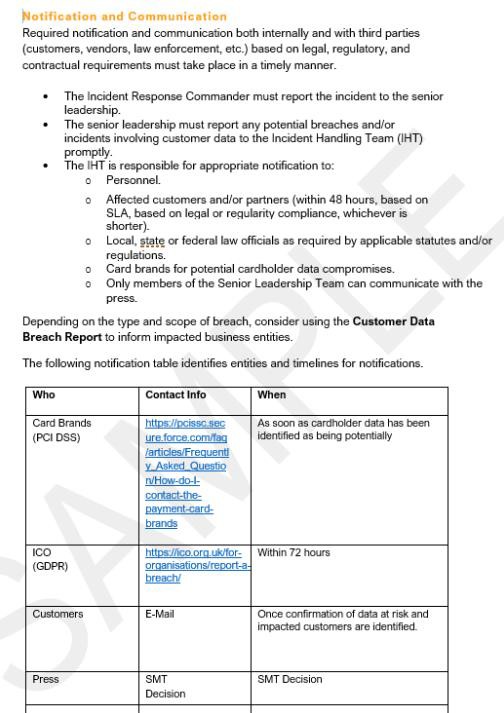 Incident response plan notification and communication with steps to take and who to call with contact info.