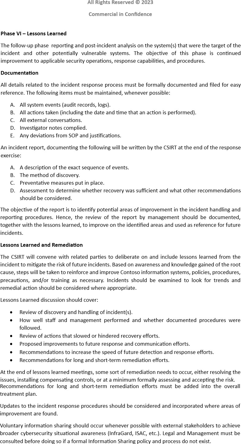 Incident response plan lessons learned and documentation page.