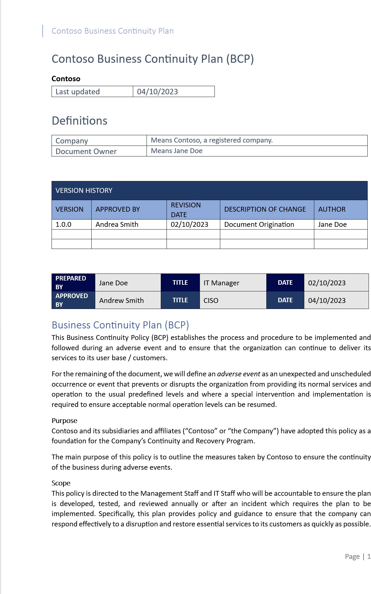 Contoso business continuity plan with last updated date, definitions, version history, prepared by, and the plan overview.
