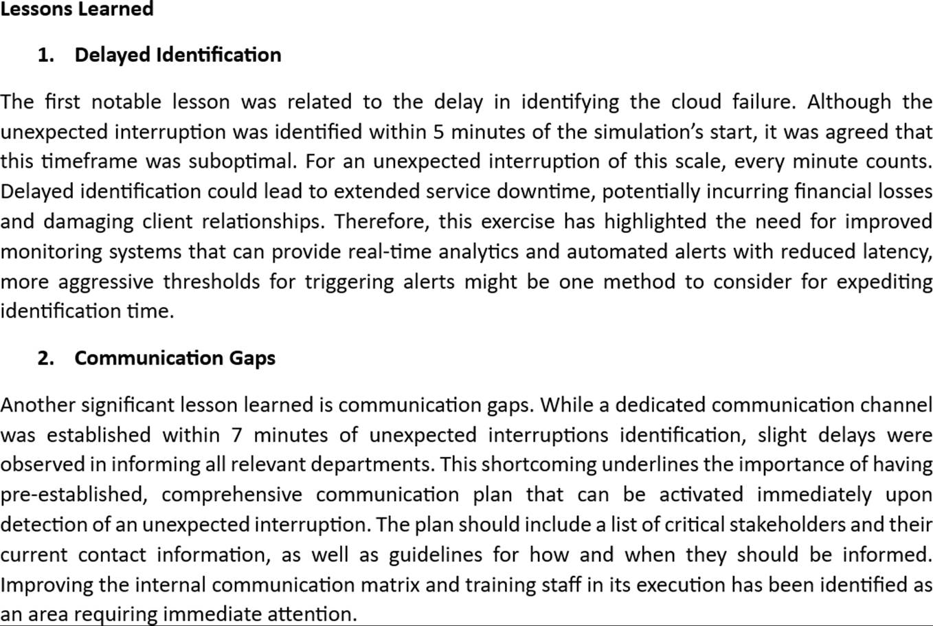 Disaster recovery plan document lessons learned including delayed identification and communication gaps.