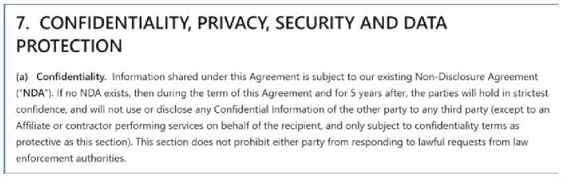 Image of NDA document section 7 confidentiality, privacy, security, and data protection.