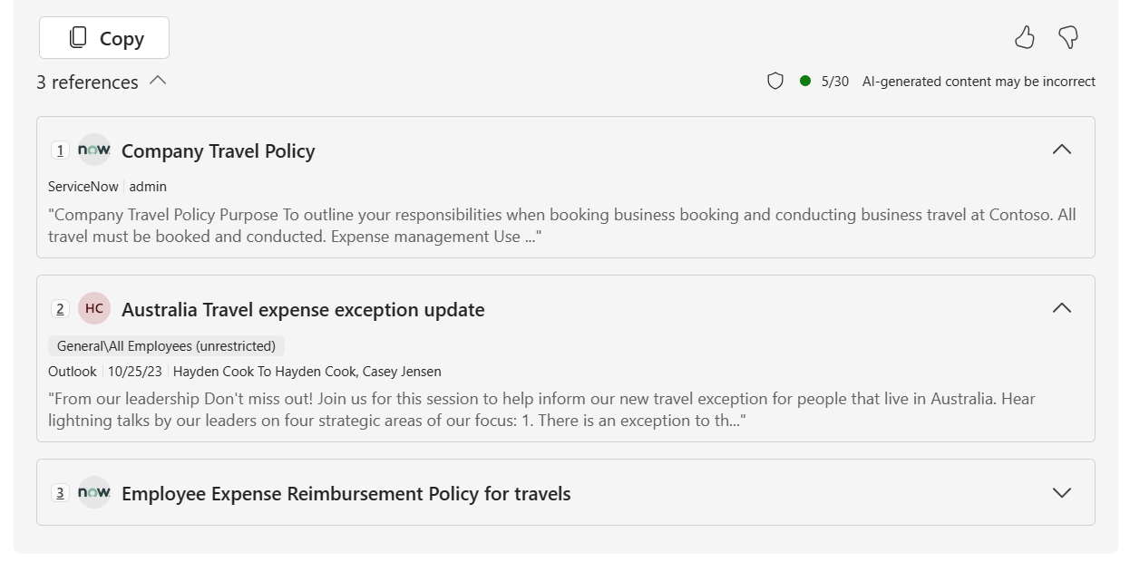 A screenshot of Copilot connectors reference list in Microsoft 365 Copilot