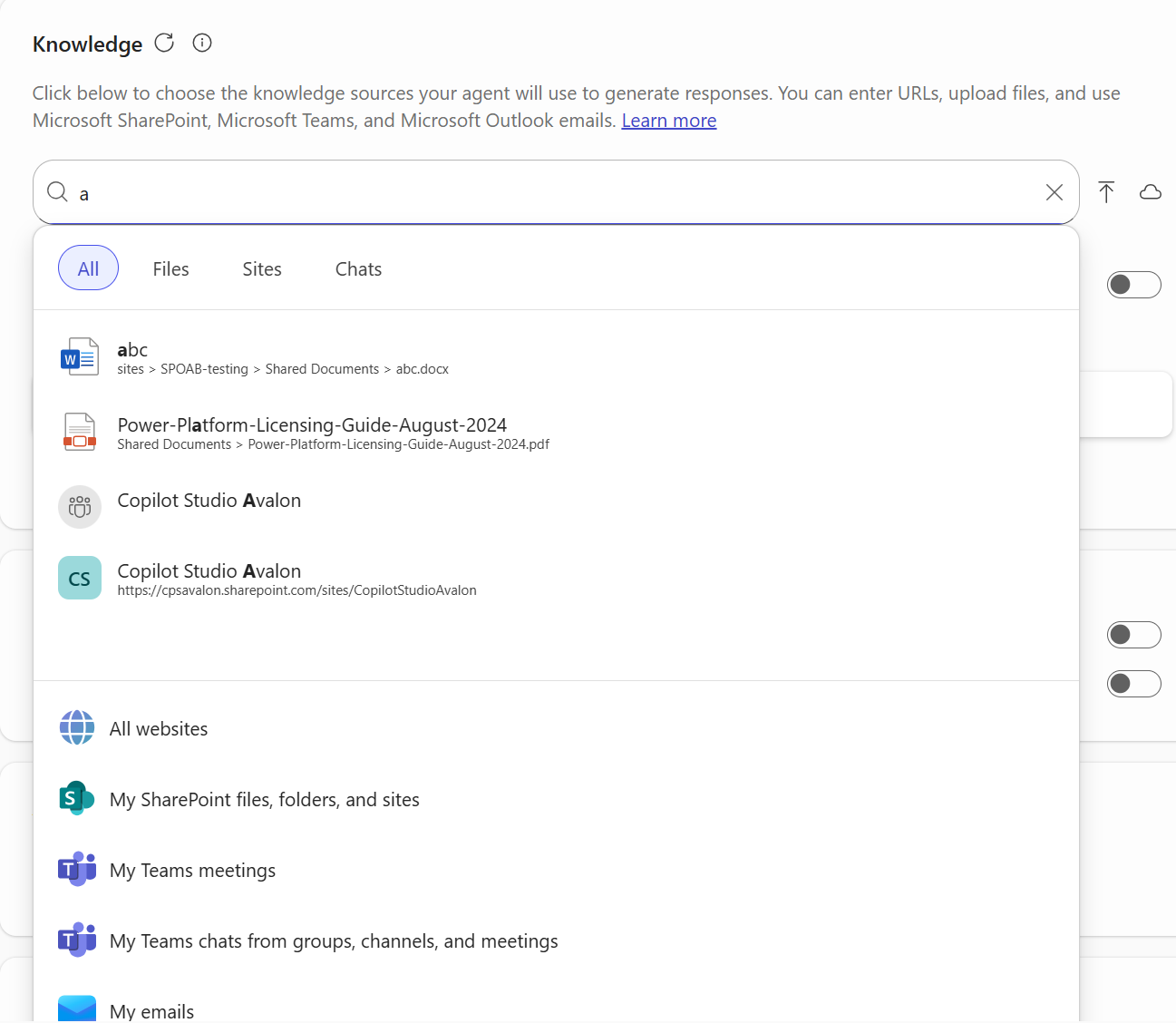 A screenshot of the Knowledge section of the Configure tab with the Picker UI showing.