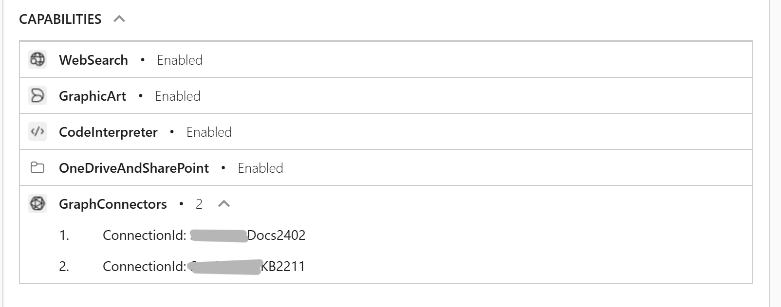Screenshot of Copilot chat session where Copilot has returned a card with debugging information showing the configured agent capabilities