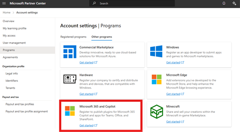Screenshot of Microsoft Partner Center opened to 'Account settings | Programs' and the 'Microsoft 365 and Copilot' program listed as an option.