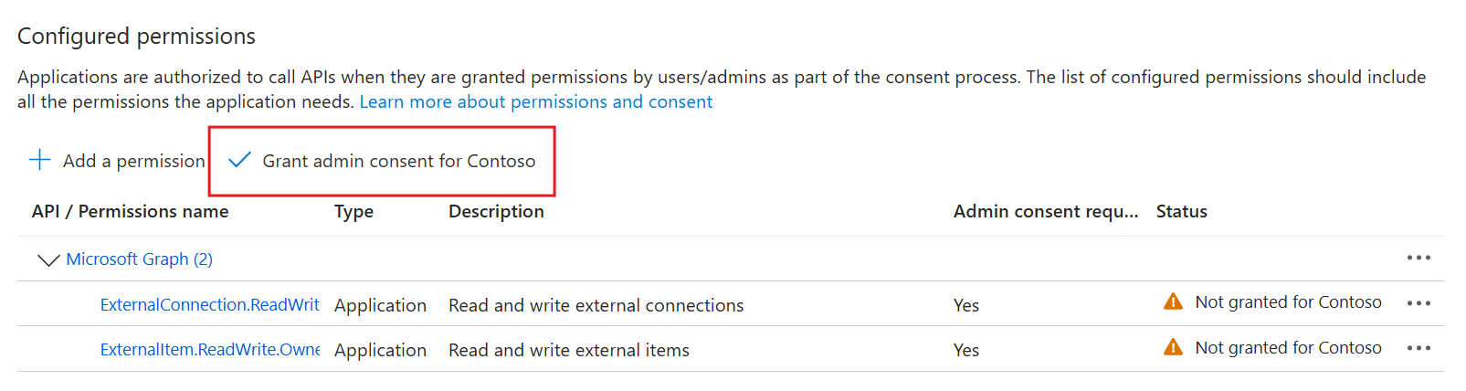 The Grant admin consent button in the Microsoft Entra admin center
