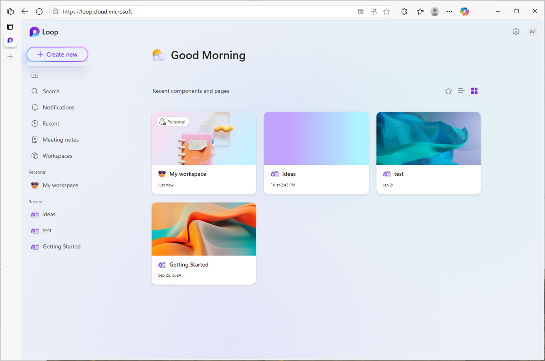 Screenshot showing the Loop app Create menu clicked, with workspace creation turned off by the administrator, and previously created content visible.