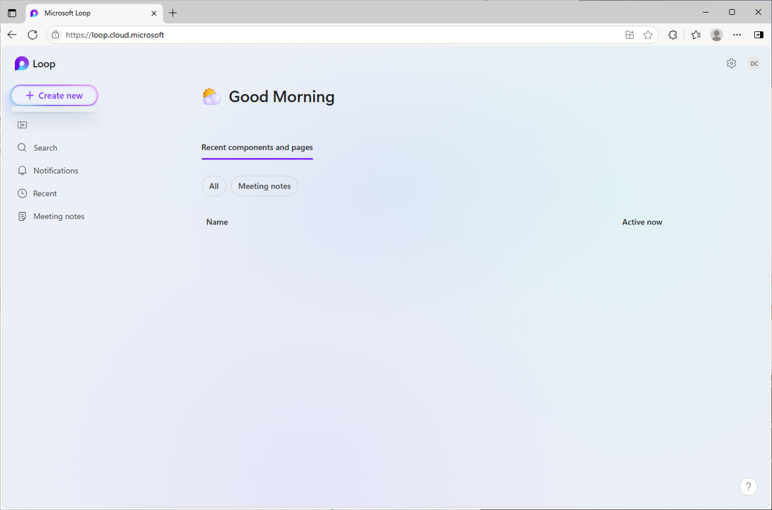 Screenshot showing the Loop app Create menu clicked, with workspace creation turned off by the administrator.