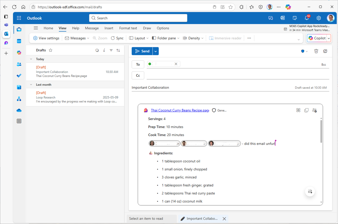 Screenshot showing an Outlook draft message containing an interactive Loop component.