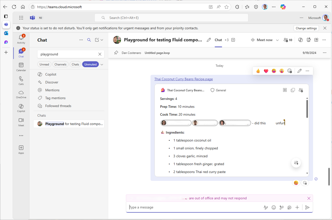 Screenshot showing a Teams sent message containing an interactive Loop component.