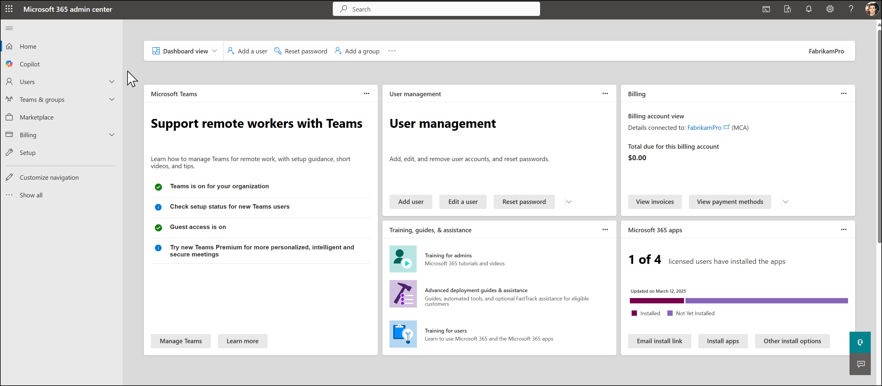 Screenshot: Admin center dashboard view